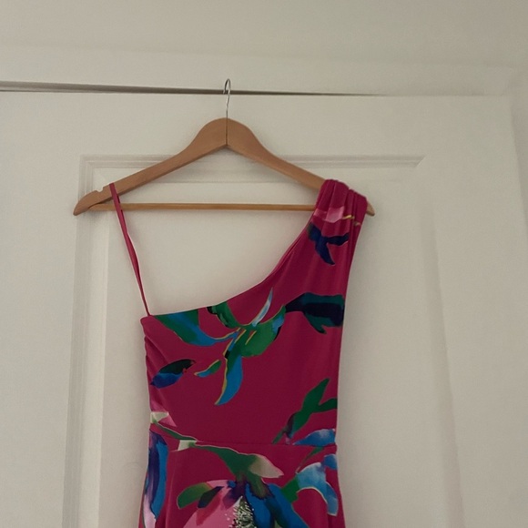 Boston Proper Watercolor Abstract Print One Shoulder Tie Waist Knit Midi Dress - Picture 6 of 9